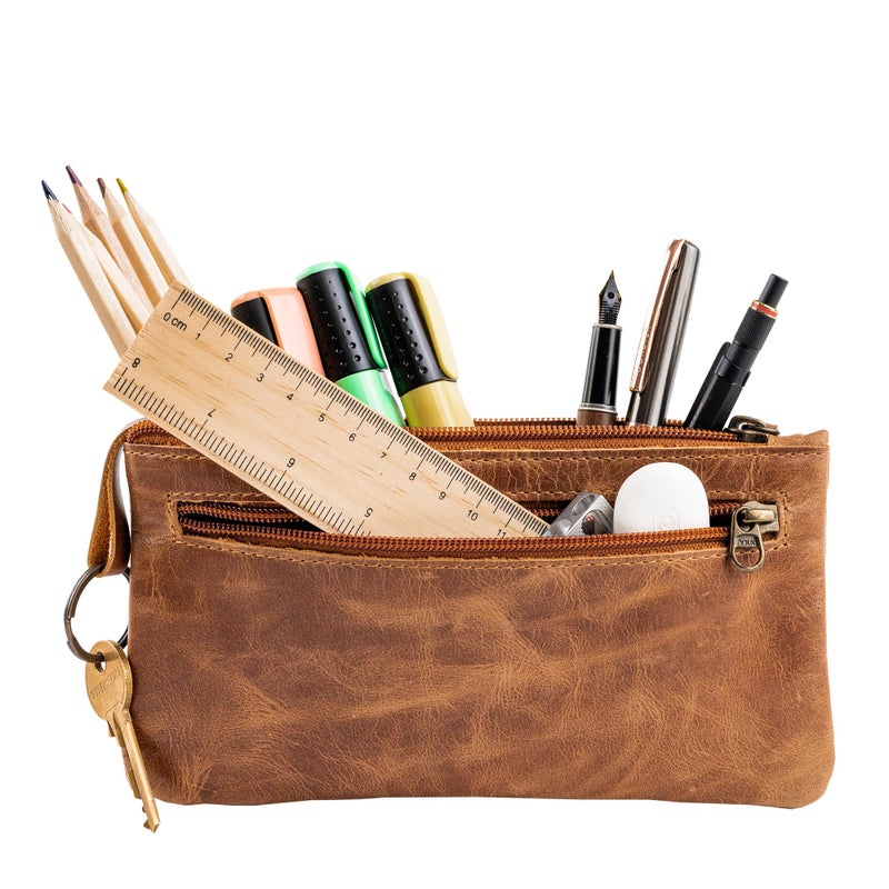 moonster Leather Pencil Case Pouch, Handcrafted 8" x 4" Leather Pen Case with Zipper - Pencil Cases for Adults with Side Pocket - Pencil Pouch Zippered Pen Bag - Light Brown - Image 1